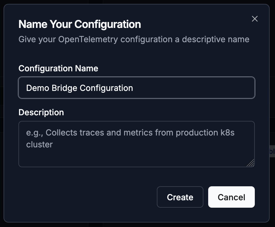 Create configuration dialog