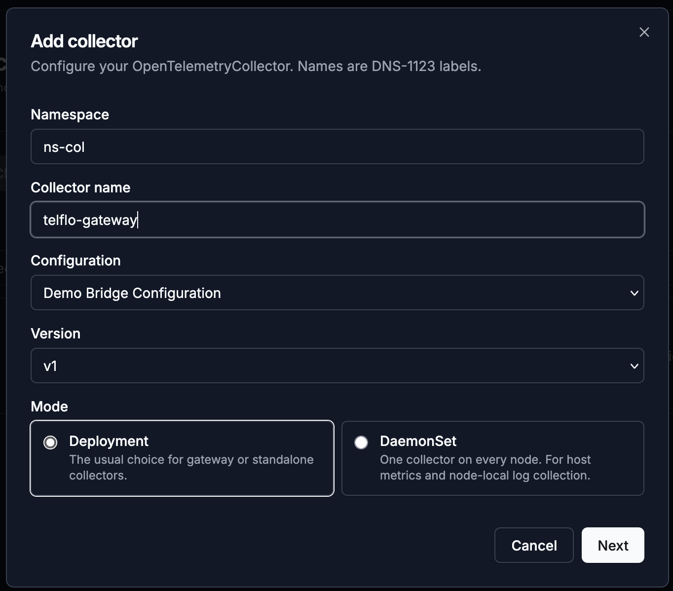 Add Collector dialog